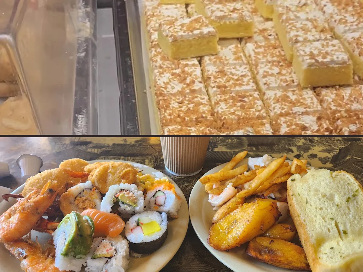 Seafood selection beside hot buffet pans.